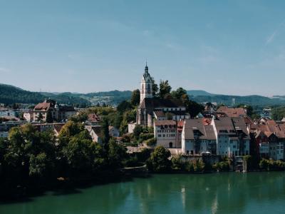 Scenic aerial view of Laufenburg with historical architecture by River Rhine.