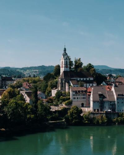 Scenic aerial view of Laufenburg with historical architecture by River Rhine.